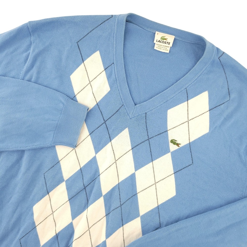 Lacoste Sweater Mens 3XL Blue 100% Cotton V Neck Knit Pullover Argyle Diamond